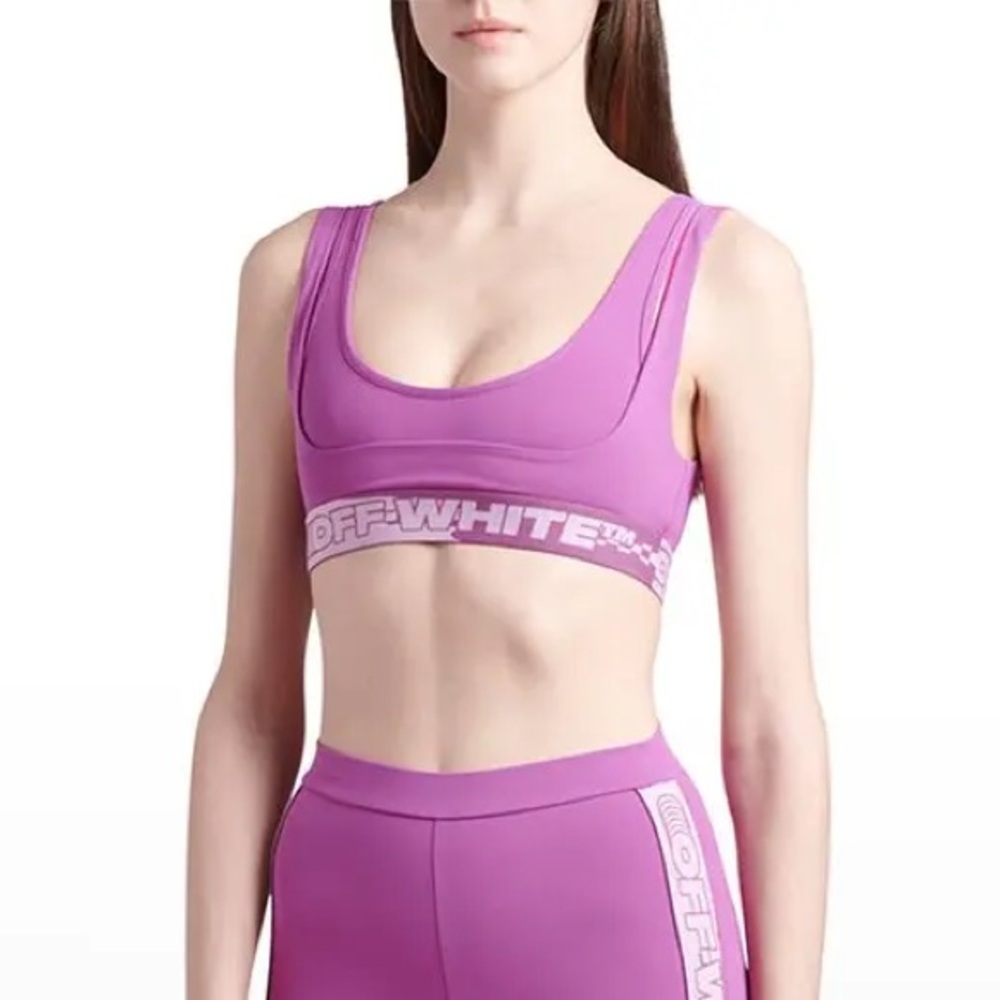 Off-White Logo Banded Layered Sports Bra In Purple Fuchsia